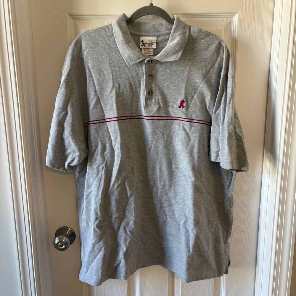 Vintage Walt Disney World Mickey Stripe Short Sleeve Polo Gray Red XL